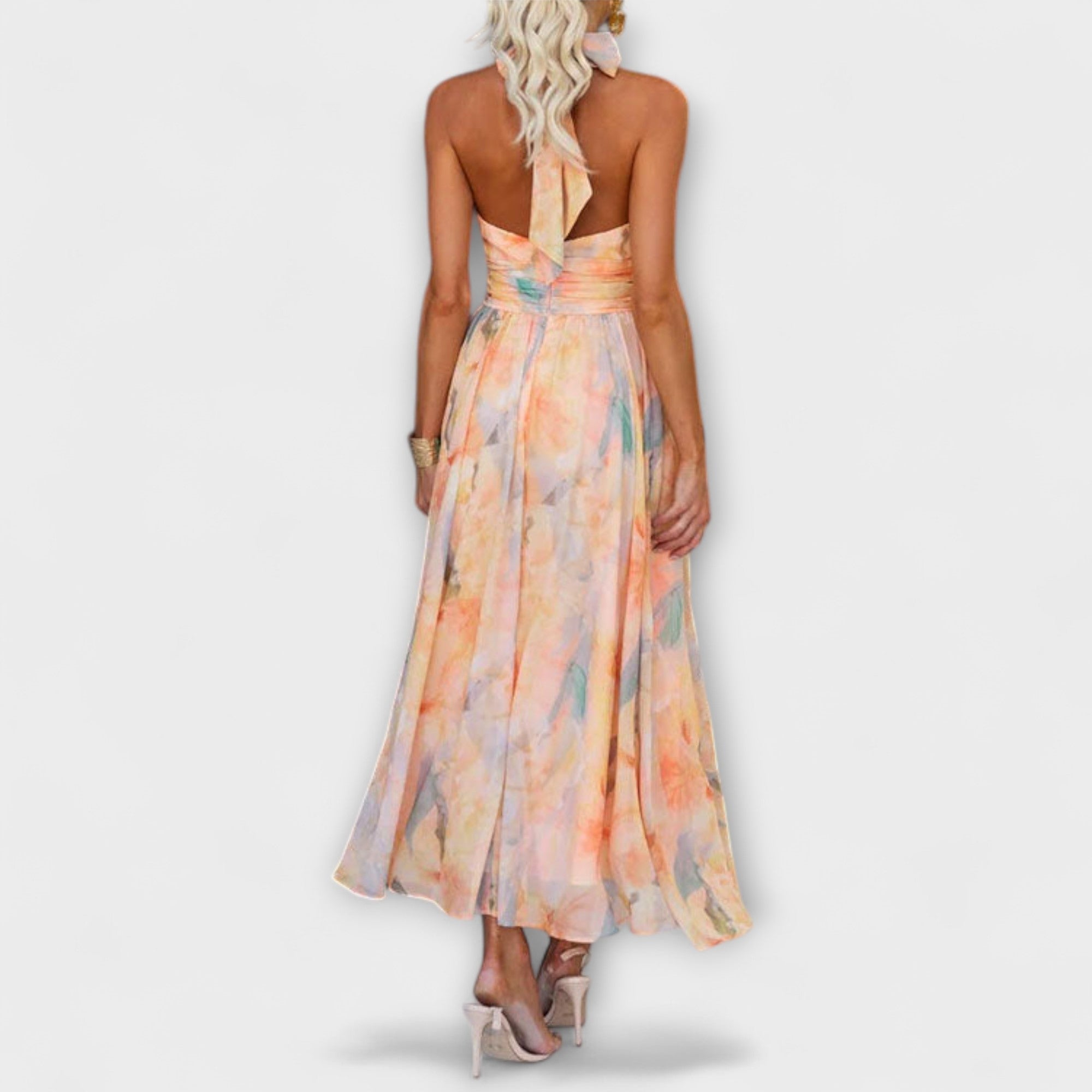 Halter Neck Watercolor Print Maxi Dress