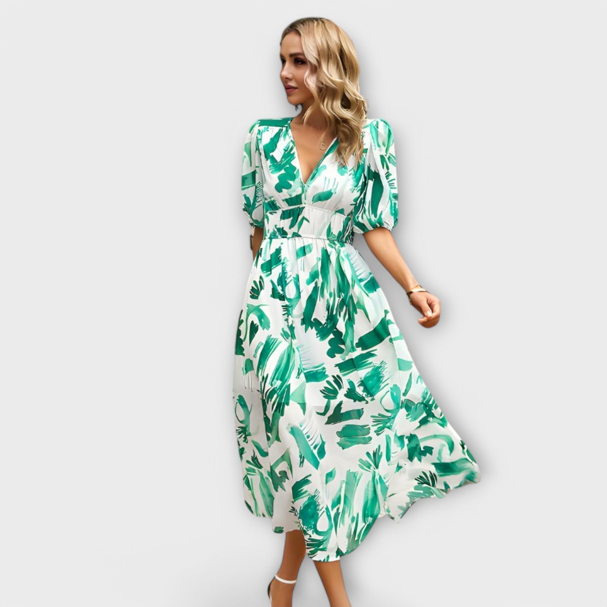 Abstract Maxi Dress with Puff Sleeves