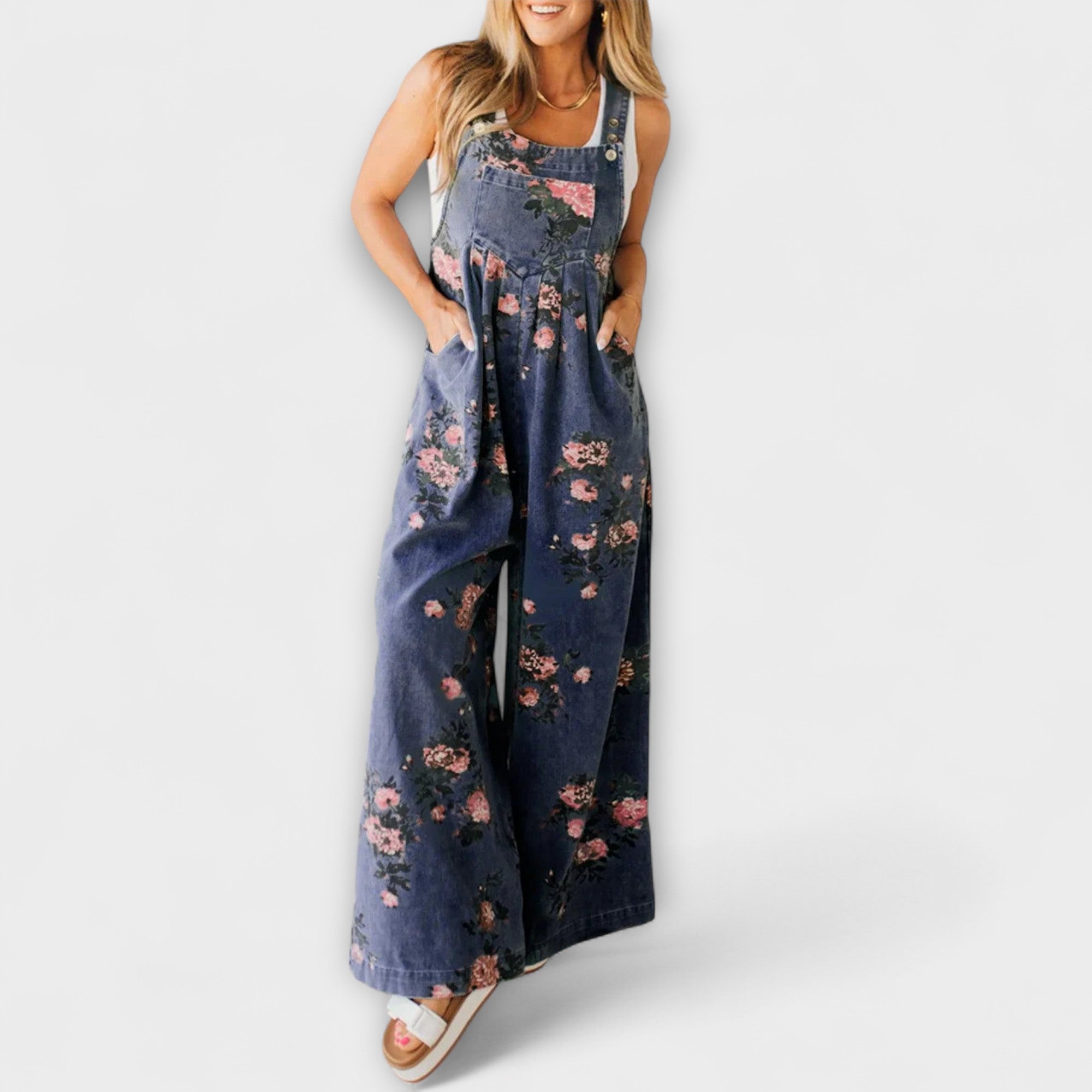 Bethany - Floral Pattern Wide Denim Overalls