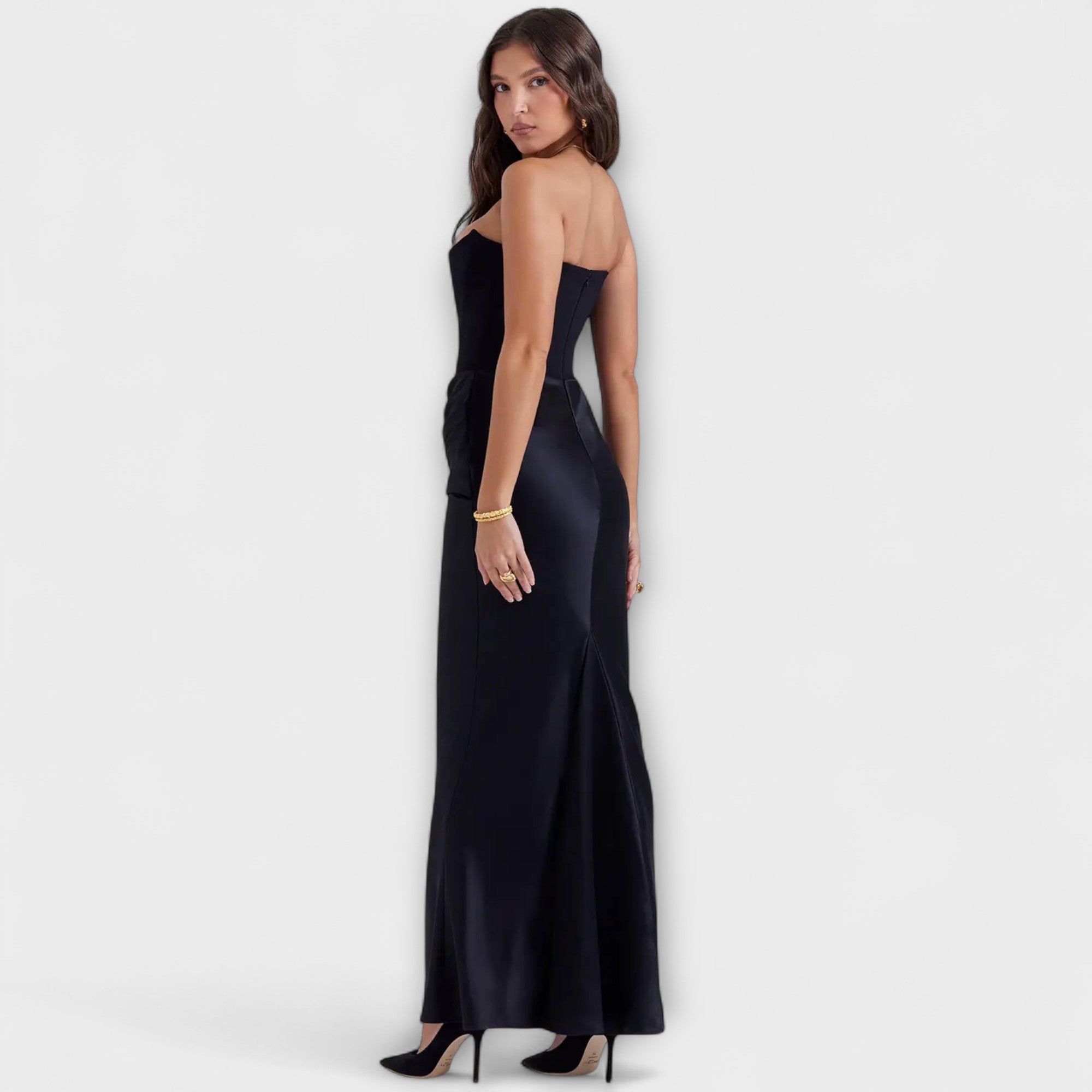 Off-Shoulder Satin Maxi Dress with Draping