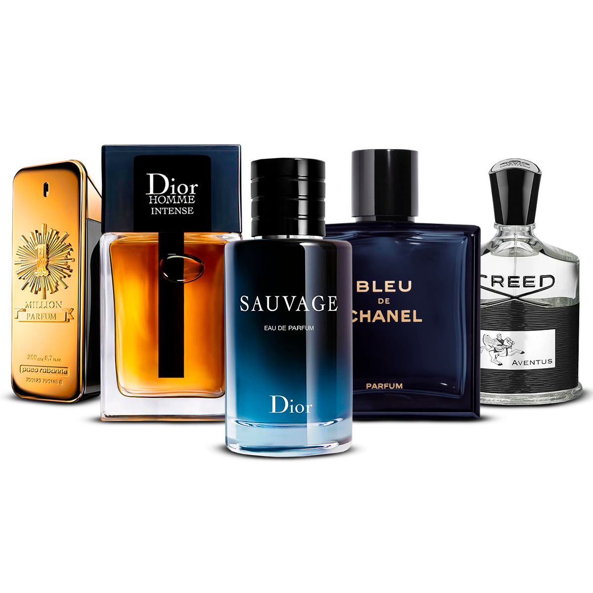 Combination of 5 Men's Fragrances – 1 Million, Dior Homme Intense, Sauvage, Bleu de Chanel, and Creed Aventus [100 ml each]