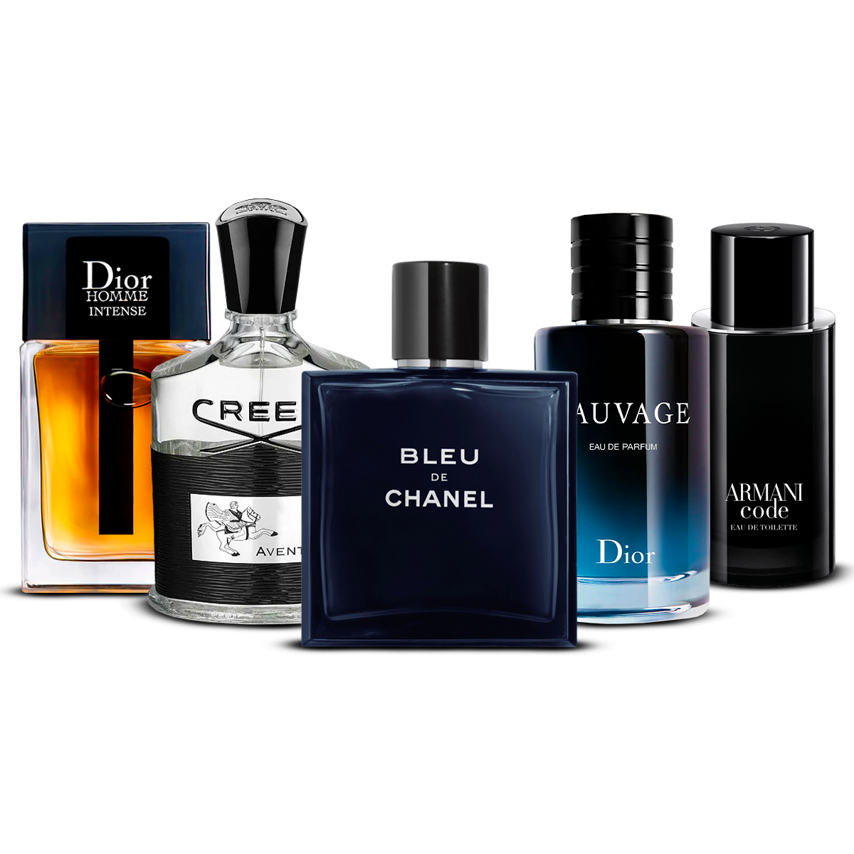 Combination of 5 Men's Fragrances – Dior Homme Intense, Creed Aventus, Bleu de Chanel, Sauvage, and Armani Code [100 ml each]