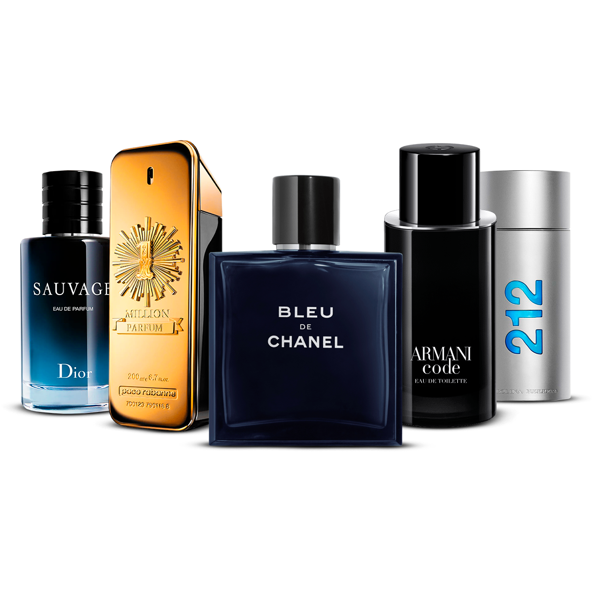 Combination of 5 Men's Fragrances – Sauvage, 1 Million, Bleu de Chanel, Armani Code, and 212 Men [each 100 ml]