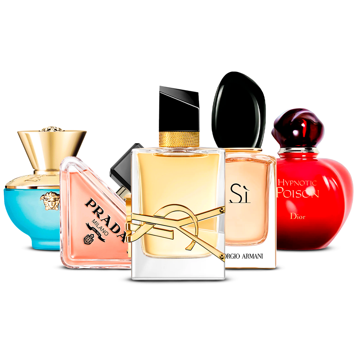 Combination of 5 Women's Fragrances – Versace Dylan Turquoise, Prada Paradoxe, Yves Saint Laurent Libre, Giorgio Armani Sì, and Dior Hypnotic Poison [100 ml each]