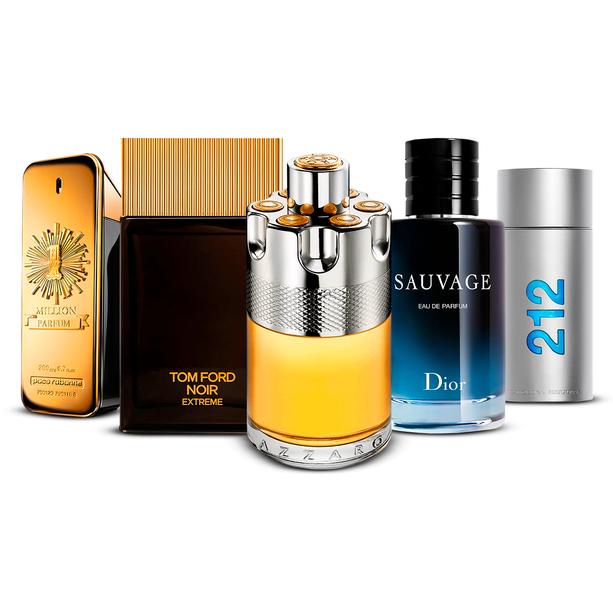 Combination of 5 Men's Fragrances – 1 Million, Tom Ford Noir Extrême, Azzaro Wanted, Sauvage, and 212 Men [each 100 ml]