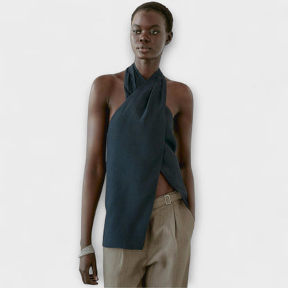 Leah - Blue Halter Neck Top with Back Slit