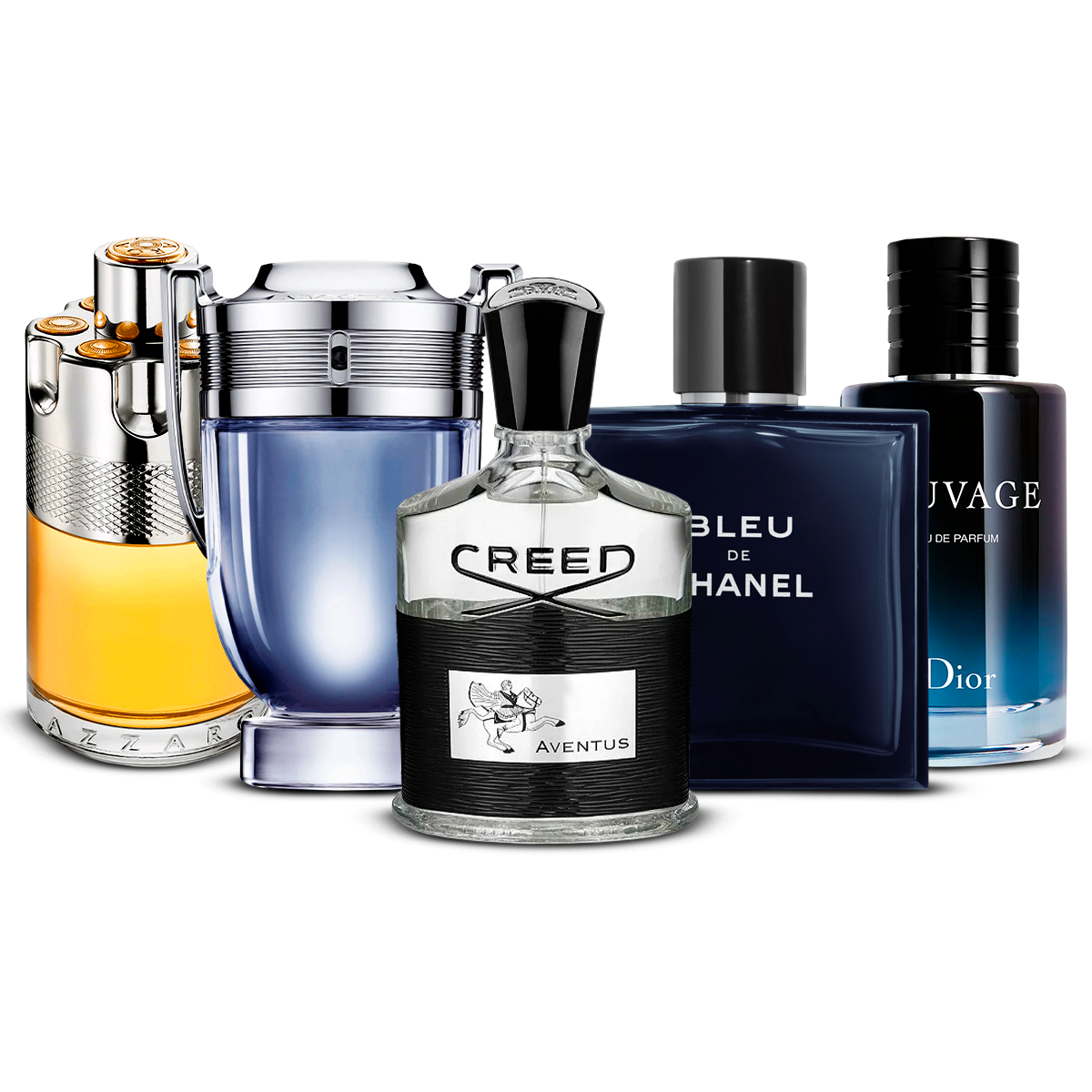 Combination of 5 Men's Fragrances – Azzaro Wanted, Invictus, Creed Aventus, Bleu de Chanel, and Sauvage [100 ml each]