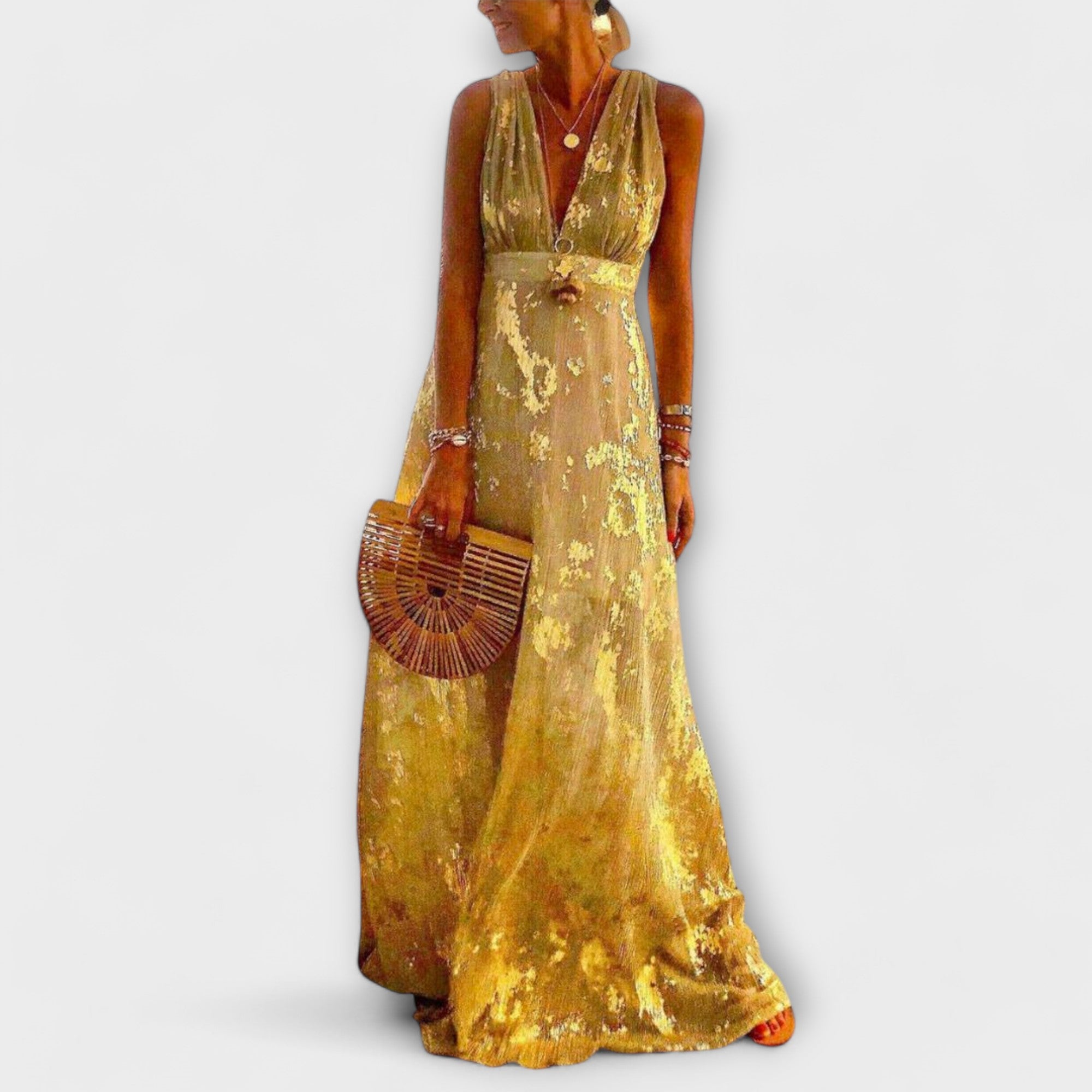 Flowing Dress with V-Neck and Sequin Details