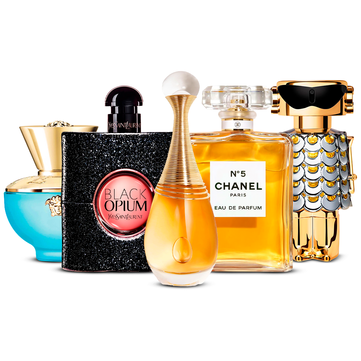 Combination of 5 Women's Perfumes – Versace Dylan Turquoise, Black Opium, J'adore, Chanel Nº5, and Fame [each 100 ml]