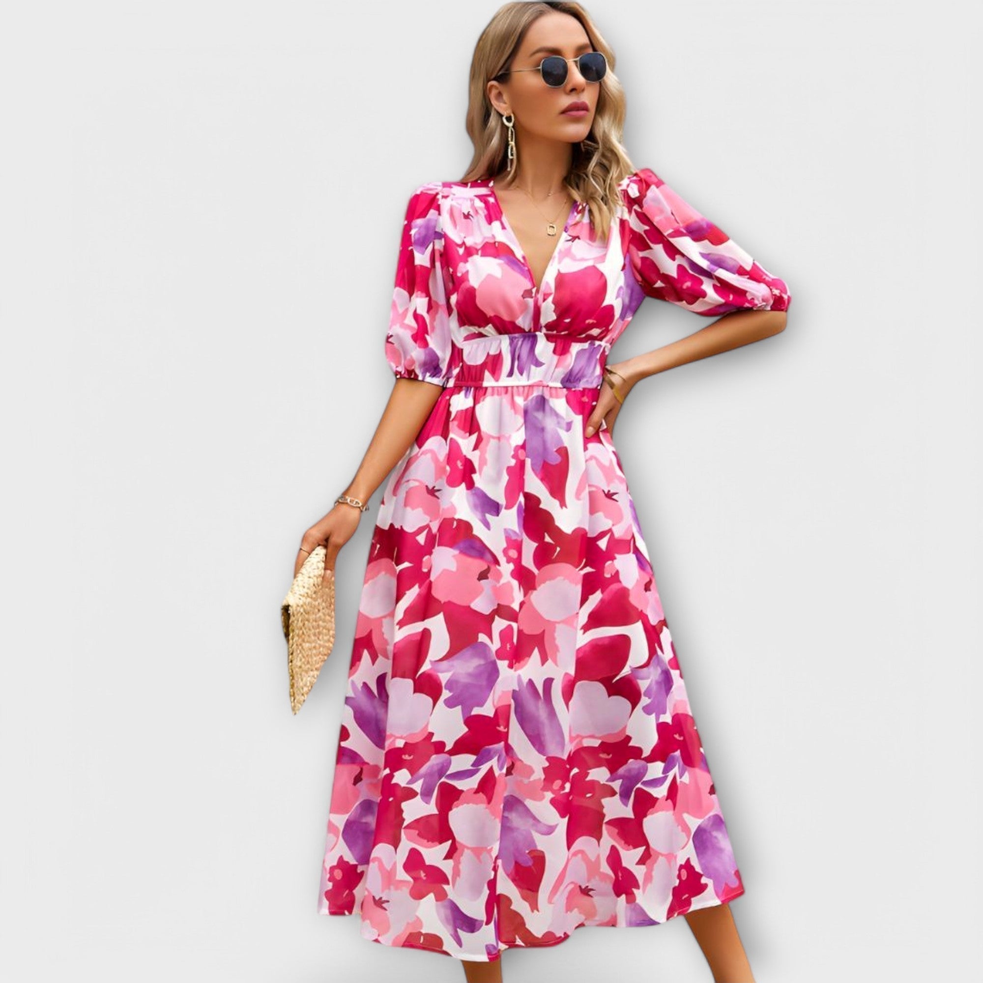 Abstract Maxi Dress with Puff Sleeves