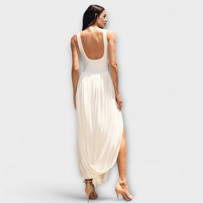 Draped Maxi Dress with Sculptural Skirt and Side Slit