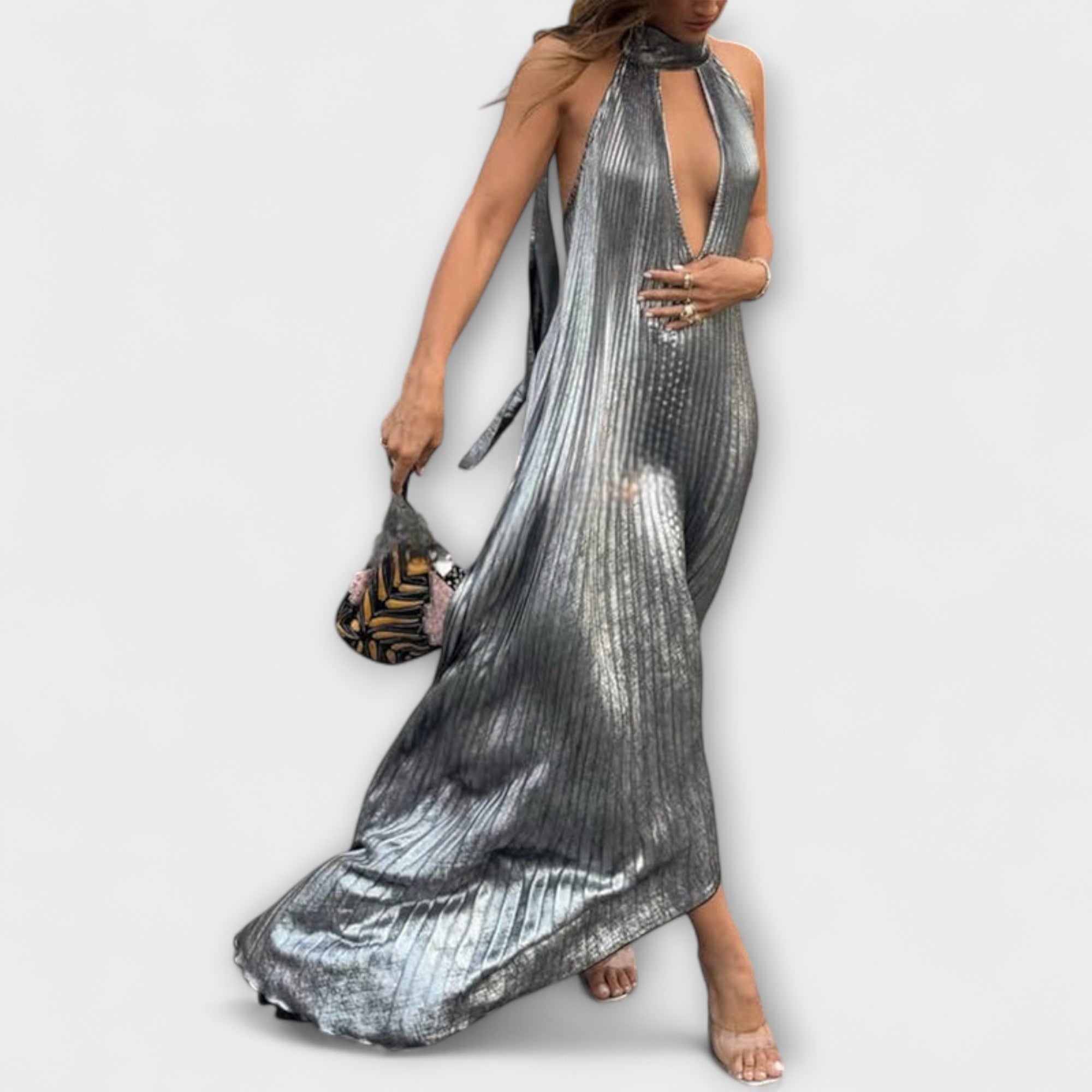 Calliope - Metallic Pleated A-Line Maxi Dress