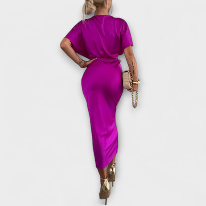 Sable - Elegant Satin V-Neck Cross Knot Slim Fit Maxi Dress