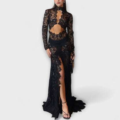 Azalea - Midnight Elegance Transparent Cutout Long Sleeve Stretch Maxi Dress