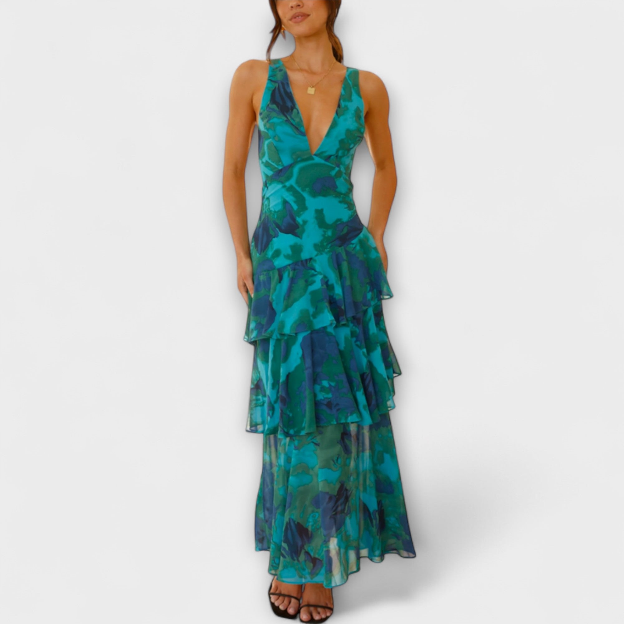 Domenica - Chiffon Dress with V-Neck and Flowing Layers