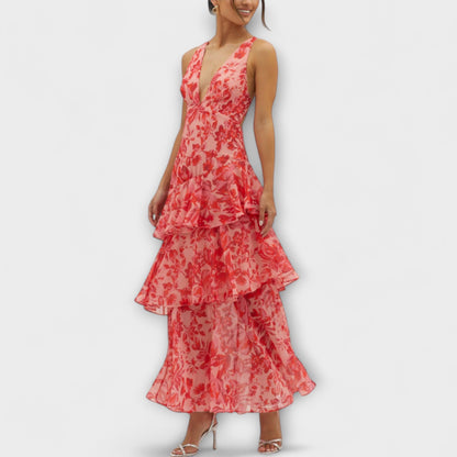 Domenica - Chiffon Dress with V-Neck and Flowing Layers